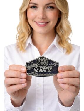 U.S. Navy Belt Buckle Silver Tone Enamel Military Patriotic Eagle Ship New